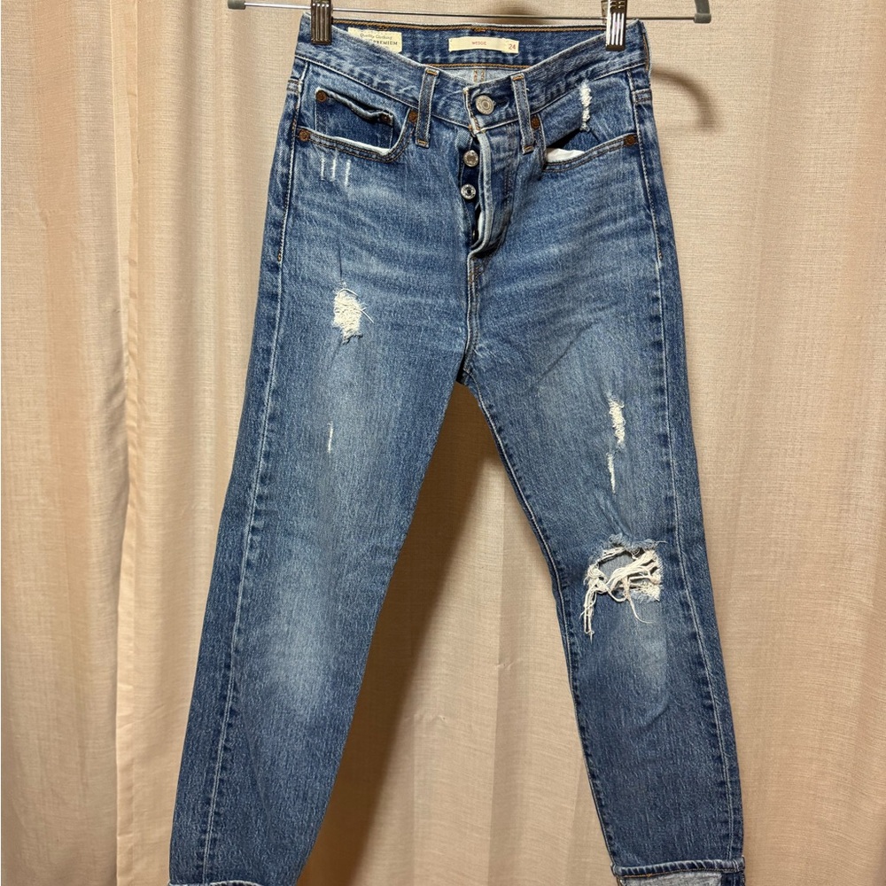 Levi's Blue Straight Leg Jeans with Distressed Details